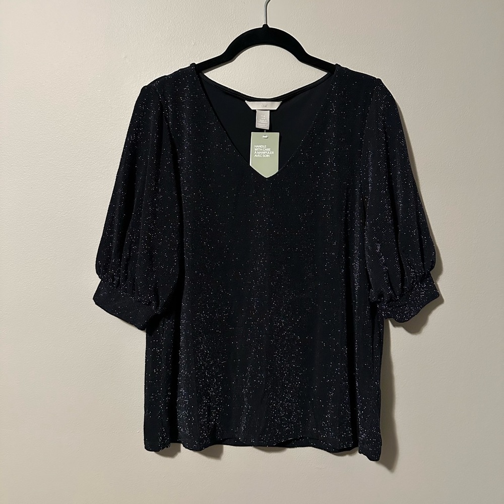 H&M Puff Sleeve Shimmer Top in Black & Silver
